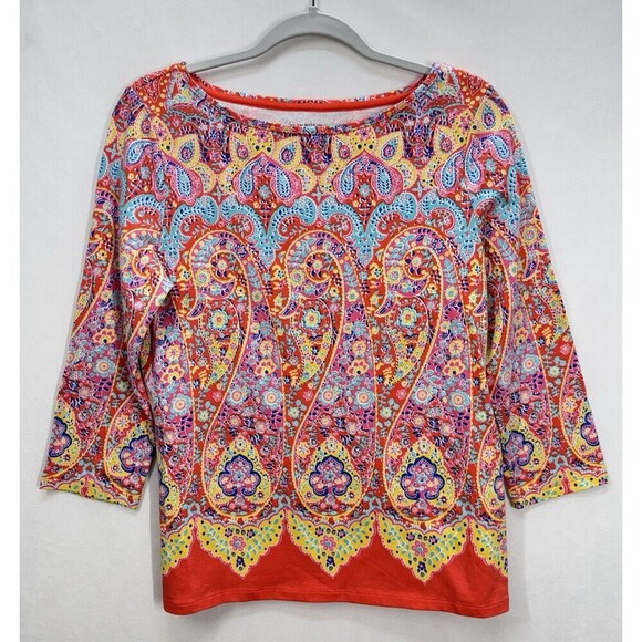 Talbots ‘The Talbots Tee’ Shirt Womens Medium Pink Orange 3/4 Sleeve Bateau Neck - Picture 2 of 9